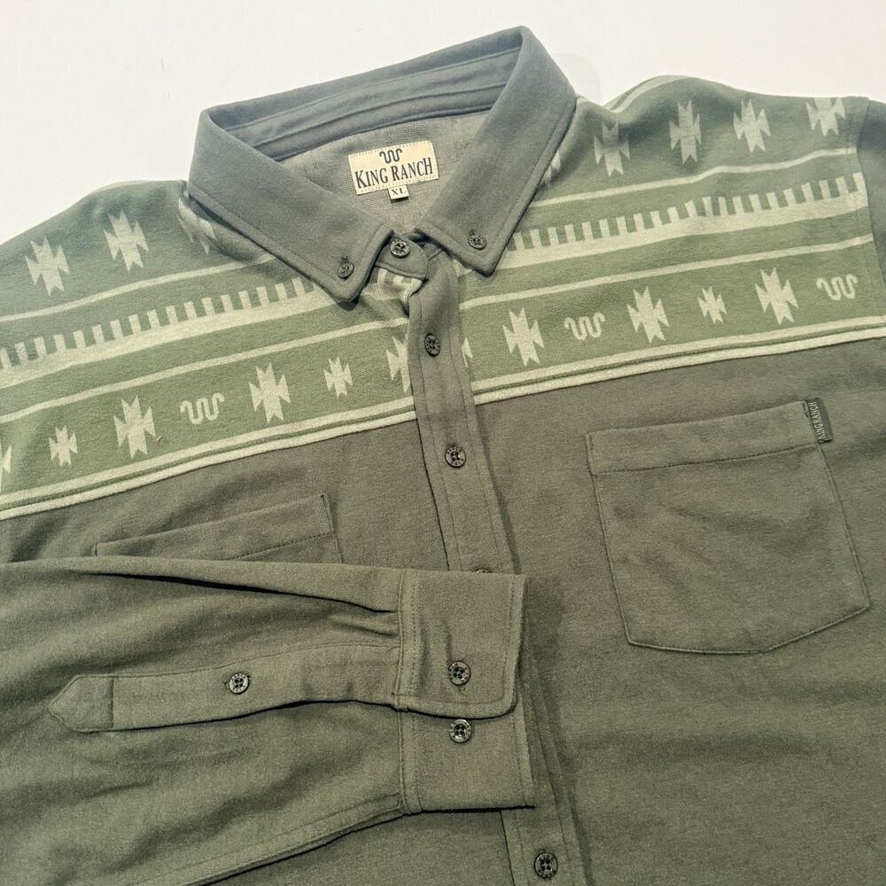 King Ranch Stretch Flannel Men’s XL Green Western Button Down Southwest Aztec